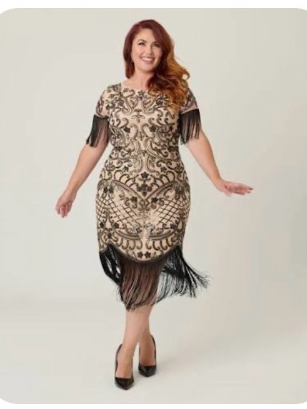 Unique Vintage Champagne and Black Beaded Fringe Flapper Dress